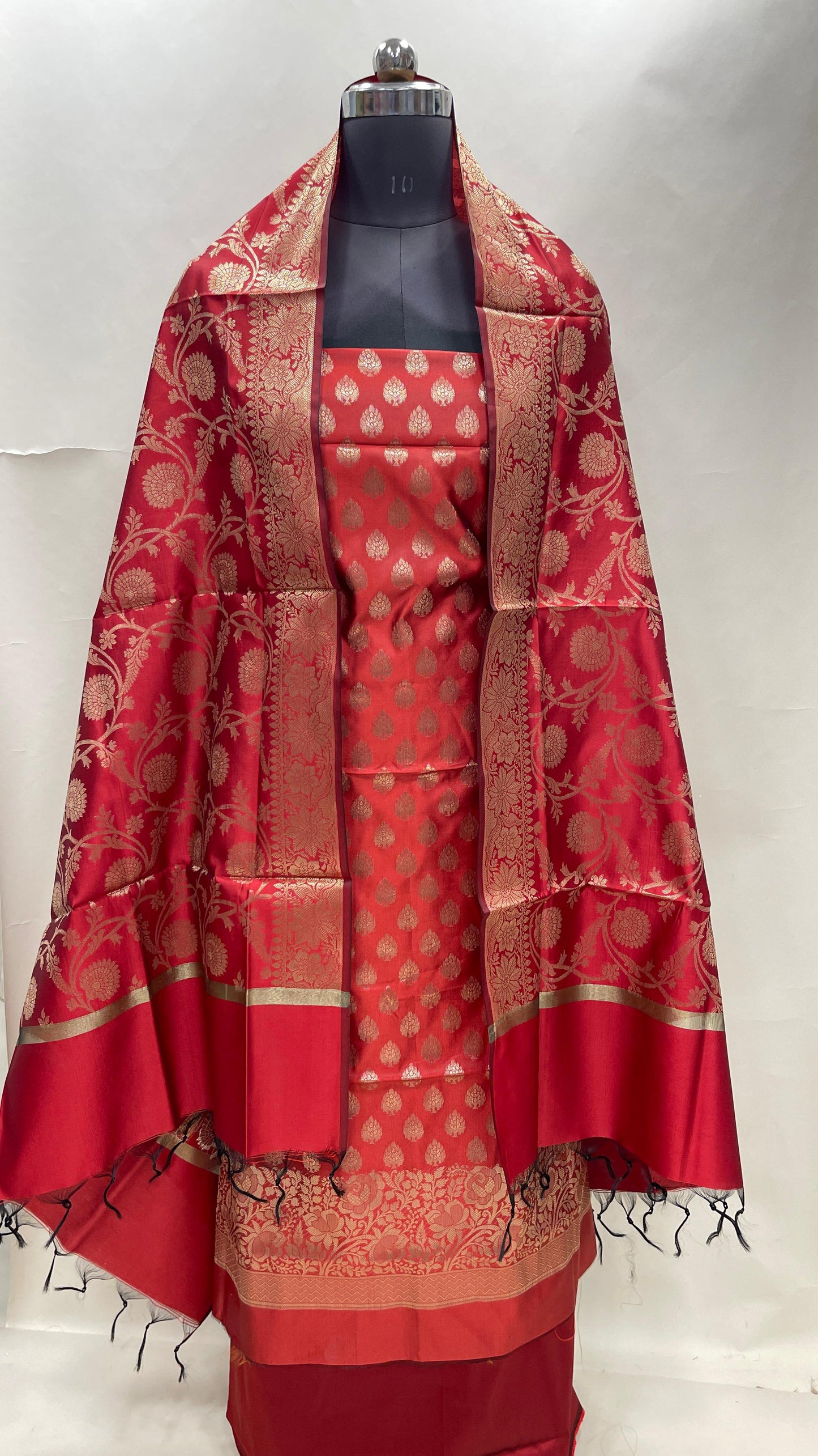 Red art silk suit set with floral zari bootas and matching dupatta. SHL_69