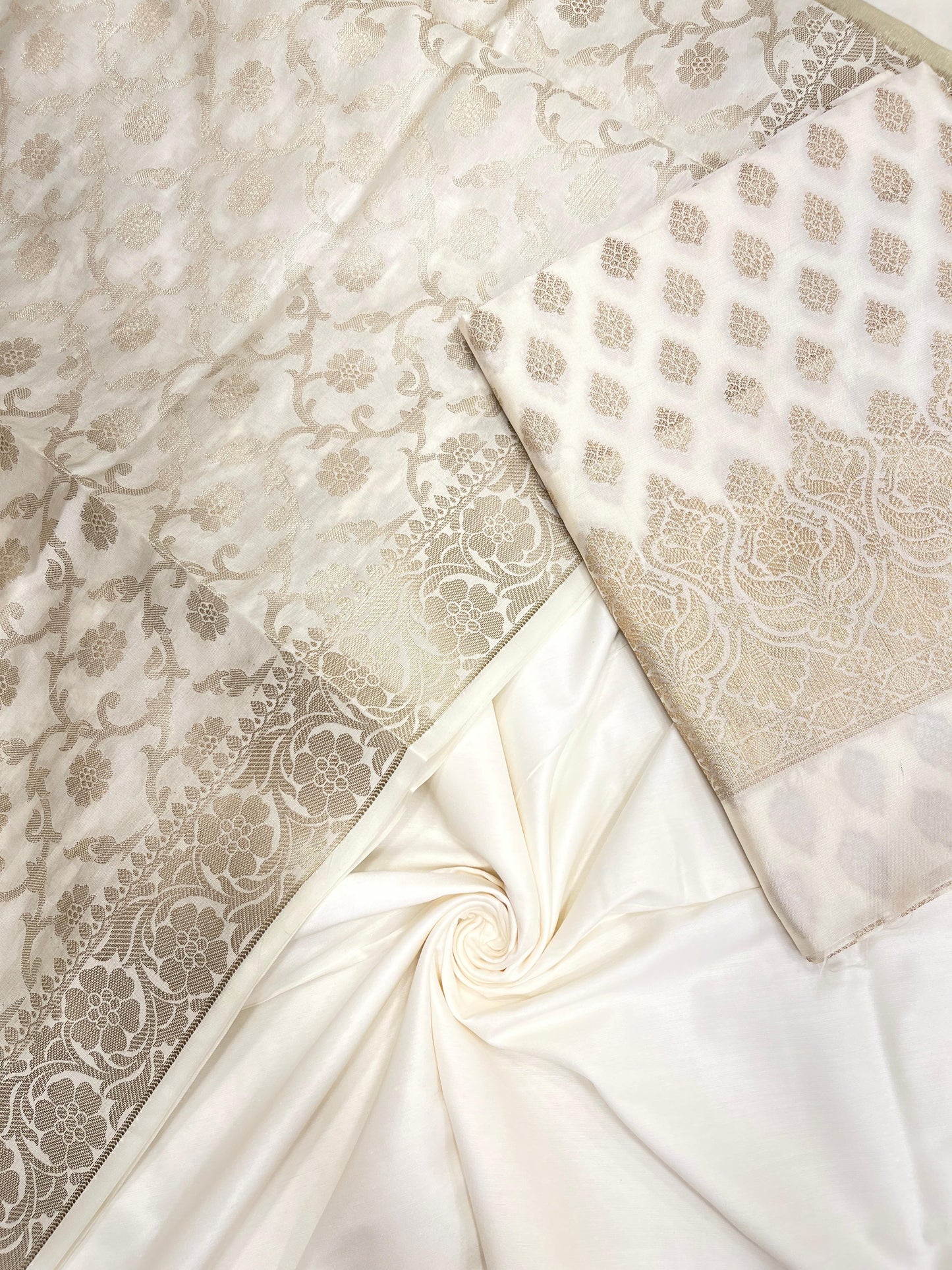 White art silk suit set with floral zari bootis and matching dupatta. SHL_64