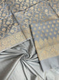 Grey art silk suit set featuring floral zari bootis and matching dupatta. SHL_66