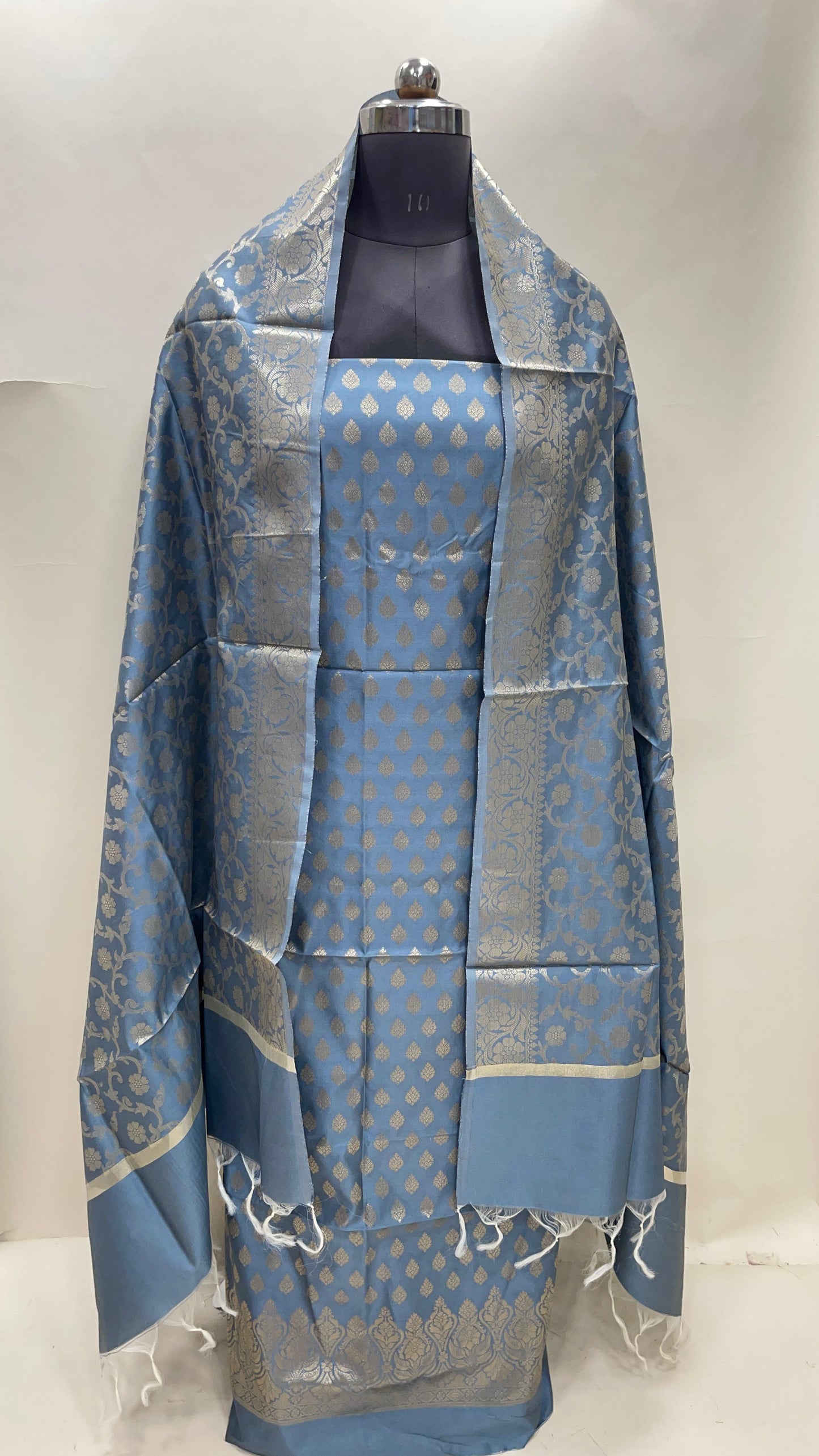Grey art silk suit set featuring floral zari bootis and matching dupatta. SHL_66