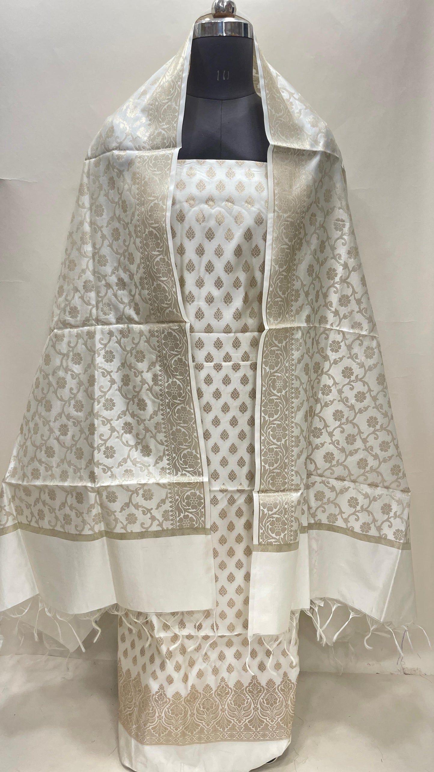 White art silk suit set with floral zari bootis and matching dupatta. SHL_64