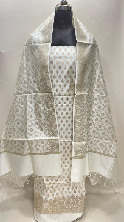 White art silk suit set with floral zari bootis and matching dupatta. SHL_64