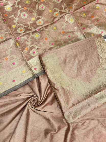 Peach cotton suit set with necklace floral stripes and matching jaal dupatta. SHL_35