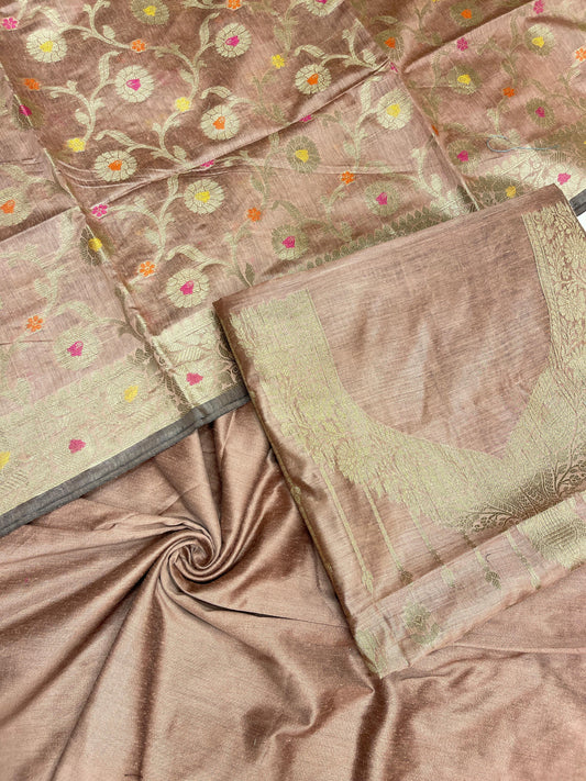Peach cotton suit set with necklace floral stripes and matching jaal dupatta. SHL_35