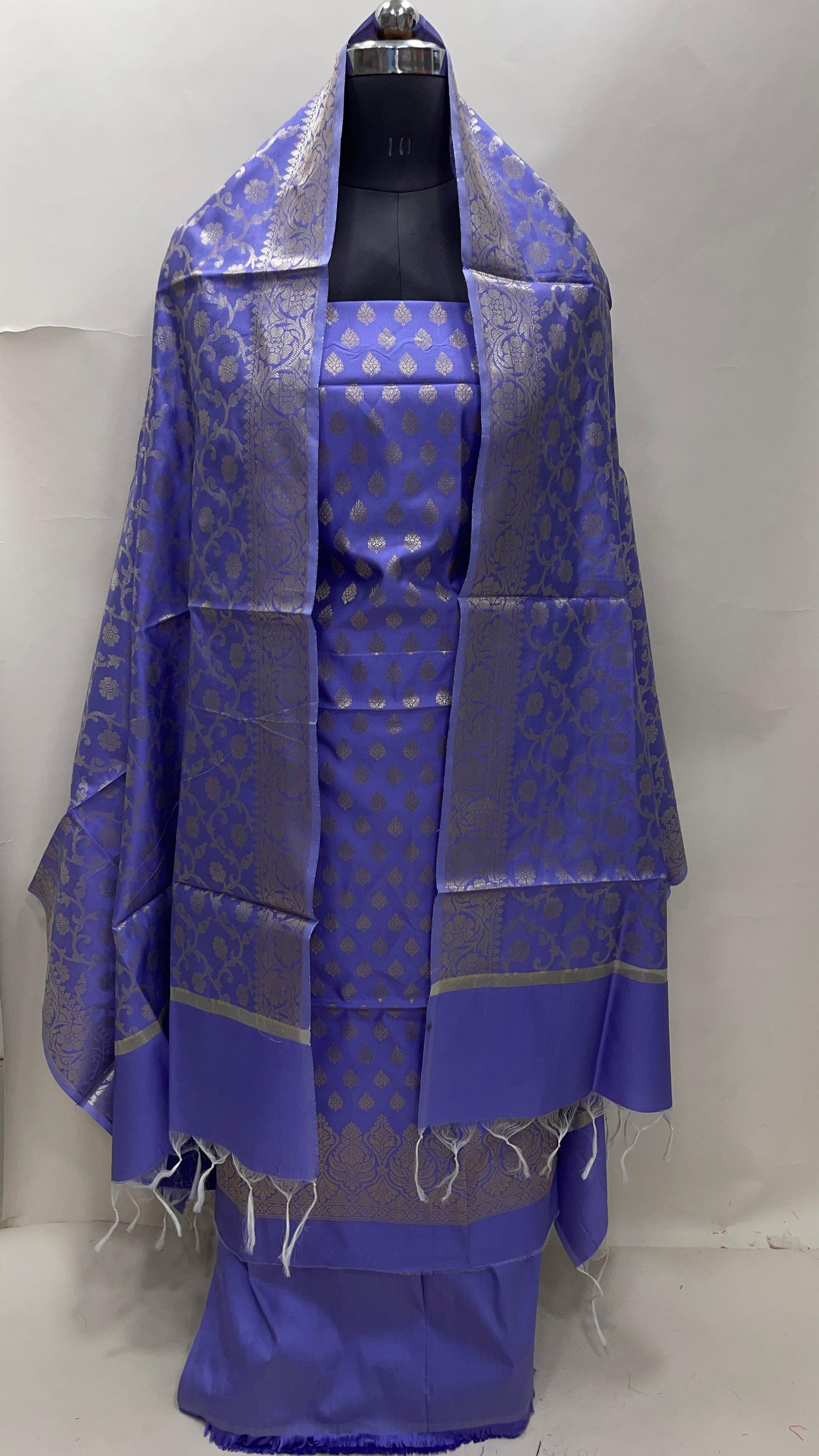 Purple art silk suit set featuring floral zari bootis and matching dupatta. SHL_61
