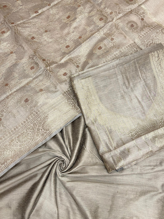 Tussar cotton suit set with necklace floral stripes and matching jaal dupatta. SHL_38