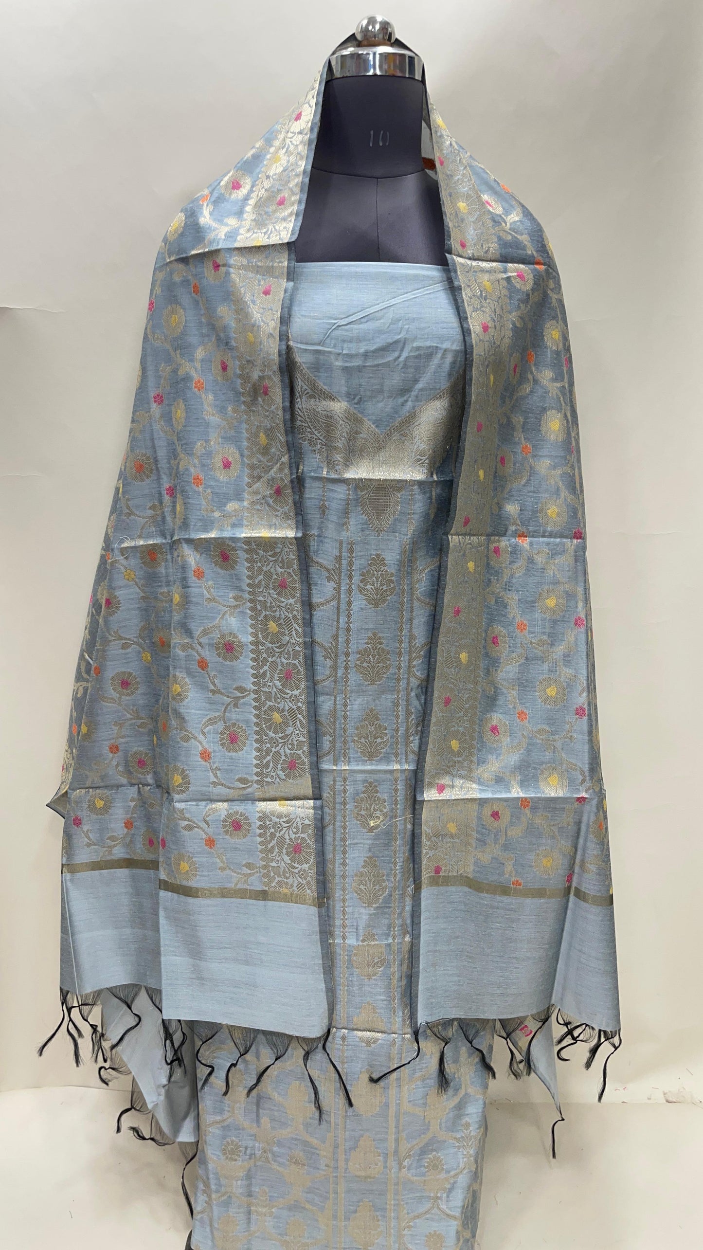 Seagreen cotton suit set with necklace floral stripes and matching jaal dupatta. SHL_34
