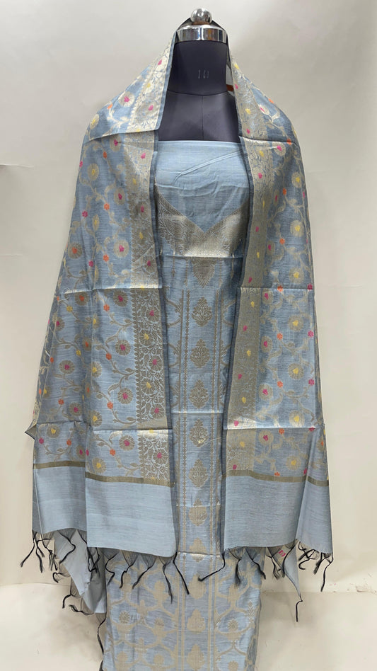 Seagreen cotton suit set with necklace floral stripes and matching jaal dupatta. SHL_34