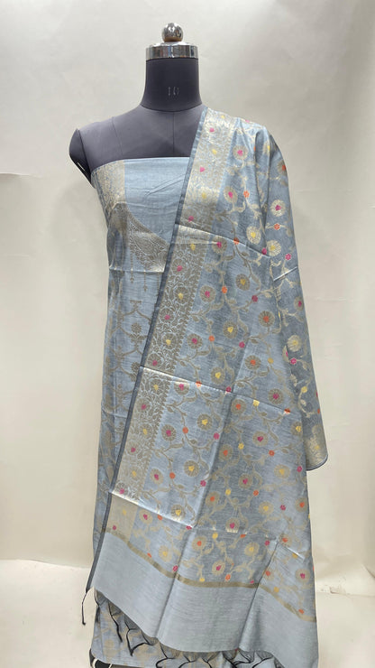 Seagreen cotton suit set with necklace floral stripes and matching jaal dupatta. SHL_34