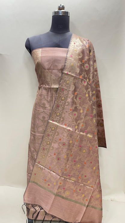 Peach cotton suit set with necklace floral stripes and matching jaal dupatta. SHL_35