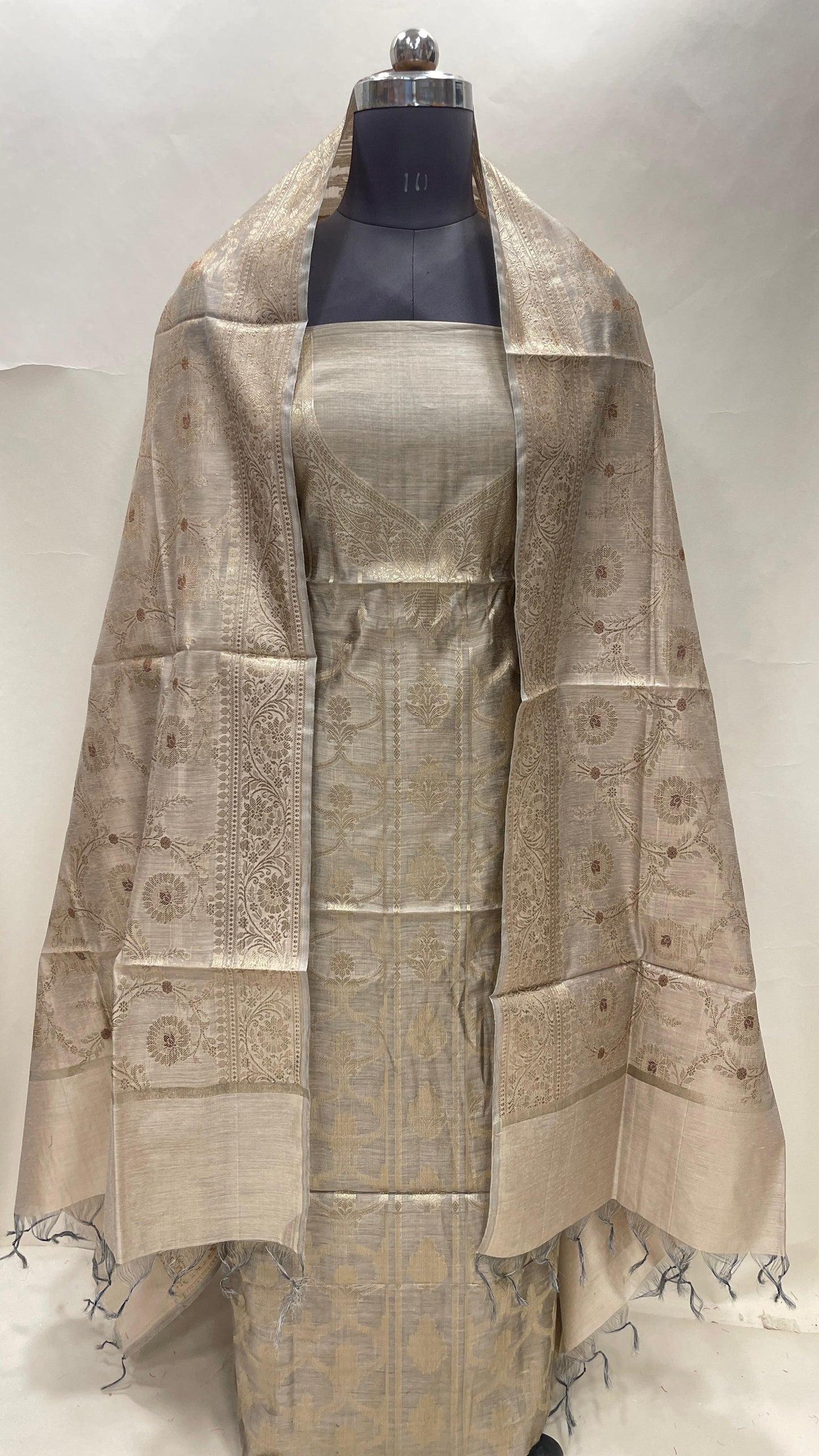 Tussar cotton suit set with necklace floral stripes and matching jaal dupatta. SHL_38