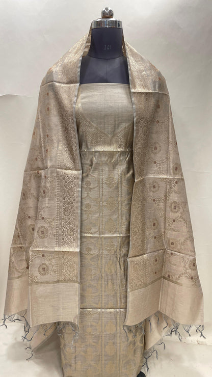 Tussar cotton suit set with necklace floral stripes and matching jaal dupatta. SHL_38