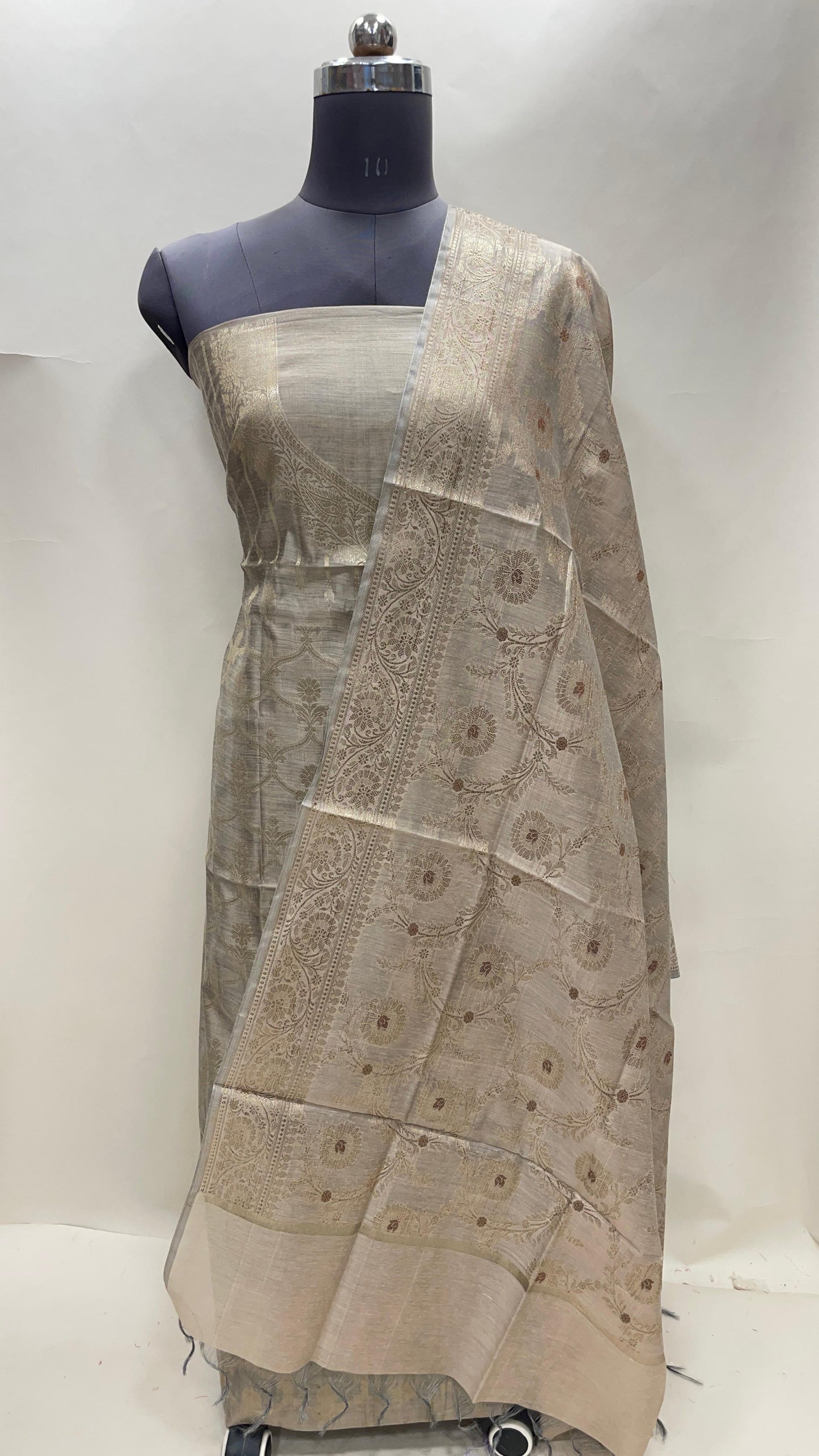 Tussar cotton suit set with necklace floral stripes and matching jaal dupatta. SHL_38