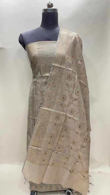 Tussar cotton suit set with necklace floral stripes and matching jaal dupatta. SHL_38