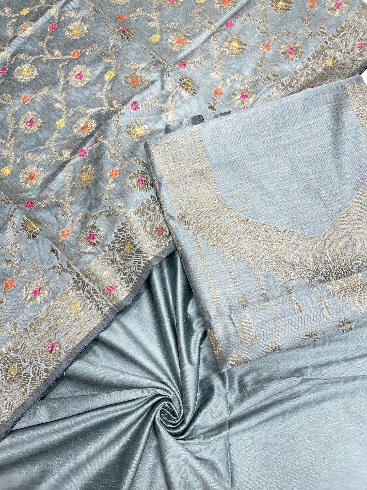 Seagreen cotton suit set with necklace floral stripes and matching jaal dupatta. SHL_34