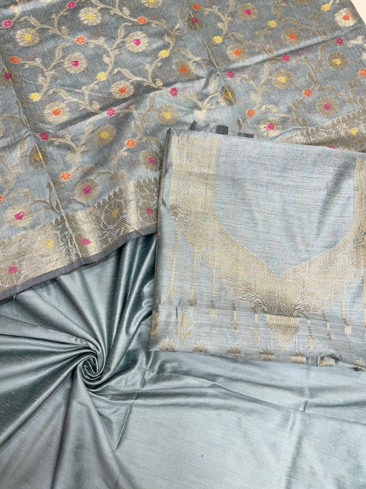 Grey cotton suit set featuring necklace floral stripes and matching jaal dupatta. SHL_36