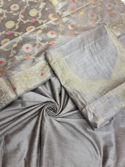 Light mauve cotton suit set with necklace floral stripes and matching jaal dupatta. SHL_37
