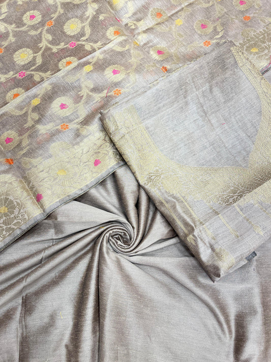 Light mauve cotton suit set with necklace floral stripes and matching jaal dupatta. SHL_37