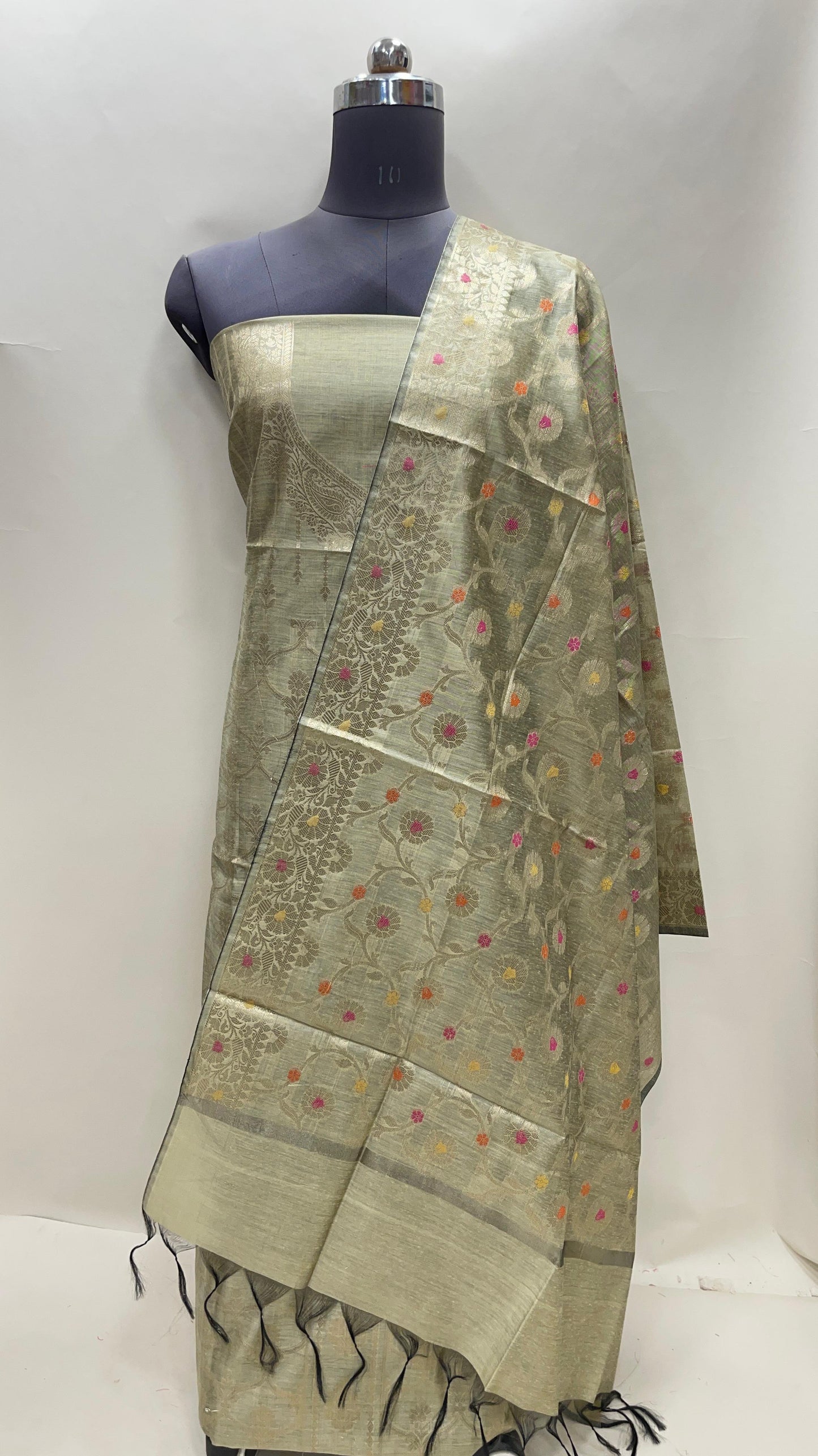 Pistachio cotton suit set with necklace floral stripes and matching jaal dupatta. SHL_33