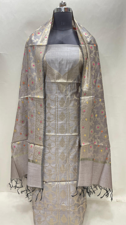 Light mauve cotton suit set with necklace floral stripes and matching jaal dupatta. SHL_37