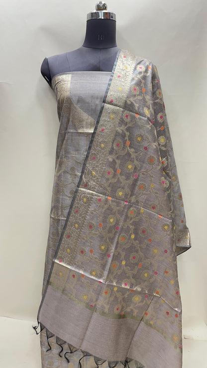 Light mauve cotton suit set with necklace floral stripes and matching jaal dupatta. SHL_37