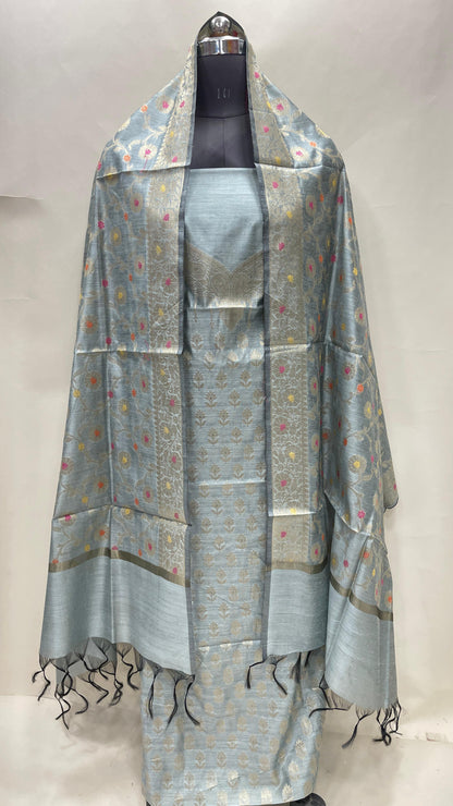 Grey cotton suit set featuring necklace floral stripes and matching jaal dupatta. SHL_36