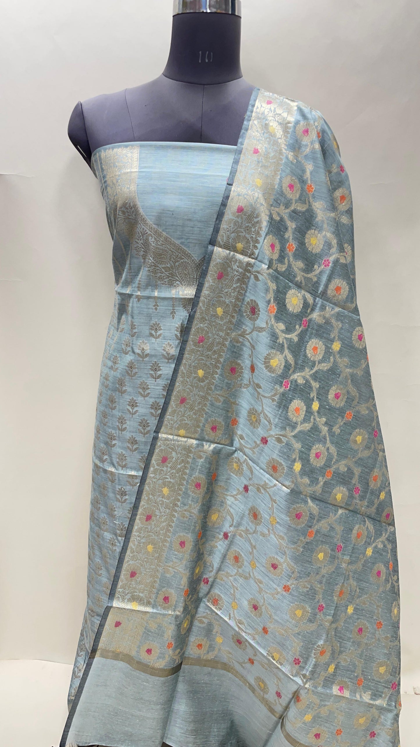 Grey cotton suit set featuring necklace floral stripes and matching jaal dupatta. SHL_36