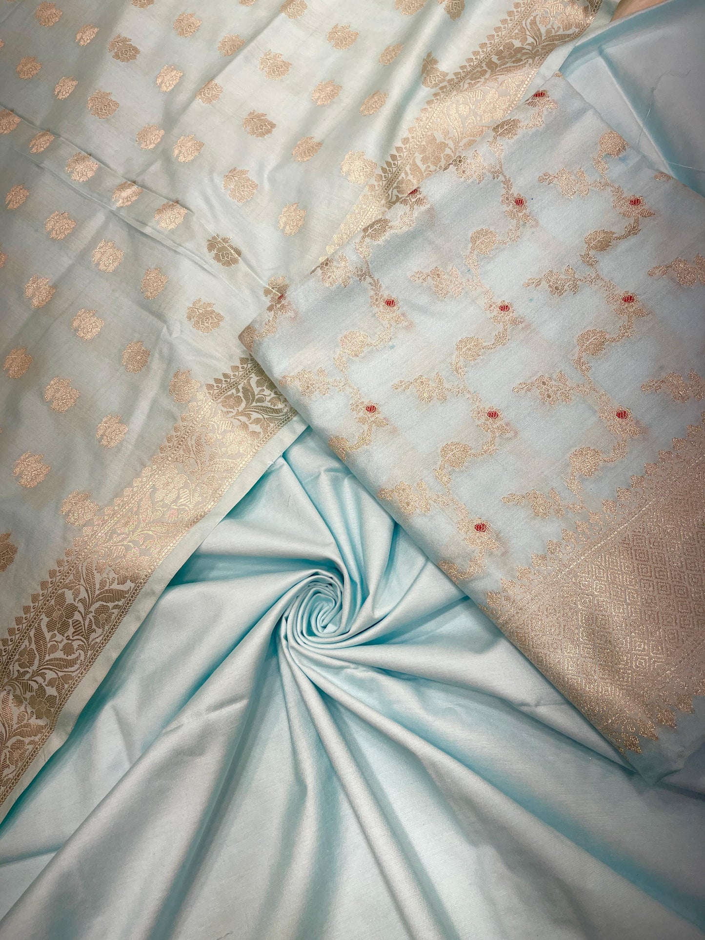 Sky blue katan chiniya silk suit set with floral silver zari mina jaal dupatta. SHL_48