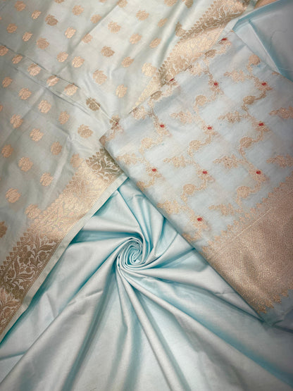 Sky blue katan chiniya silk suit set with floral silver zari mina jaal dupatta. SHL_48