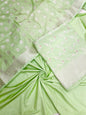 Light green katan chiniya silk suit set with floral silver zari mina jaal dupatta. SHL_50