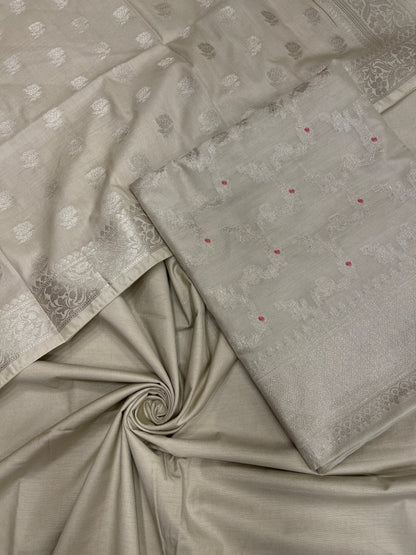 Tussar katan chiniya silk suit set with floral silver zari mina jaal dupatta. SHL_47