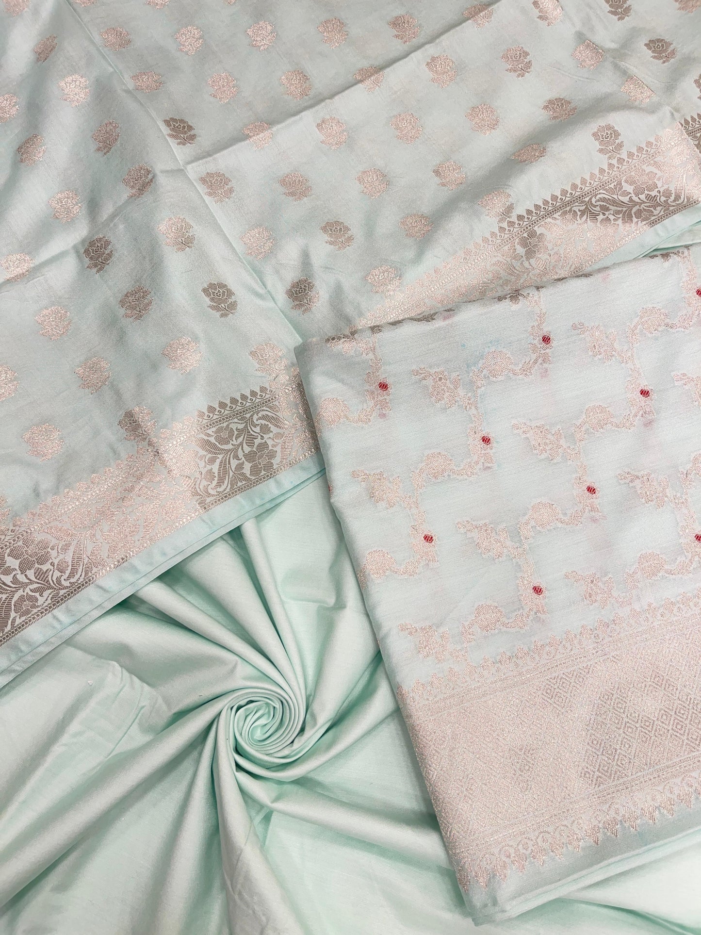 Seagreen katan chiniya silk suit set with floral silver zari mina jaal dupatta. SHL_49