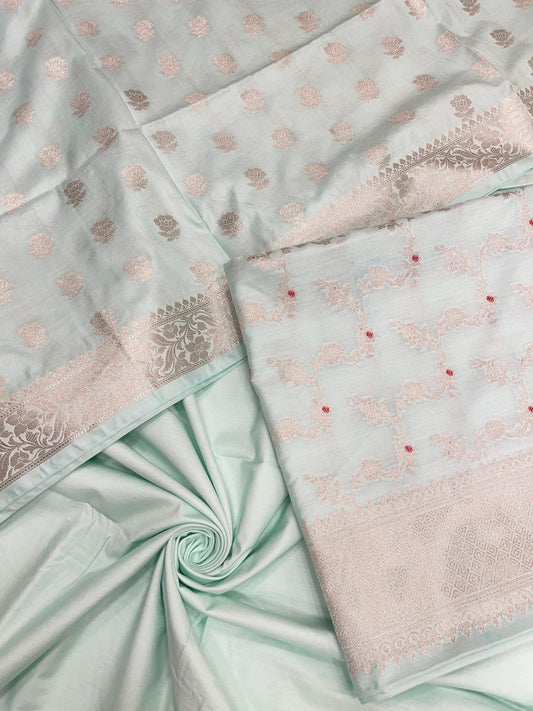 Seagreen katan chiniya silk suit set with floral silver zari mina jaal dupatta. SHL_49