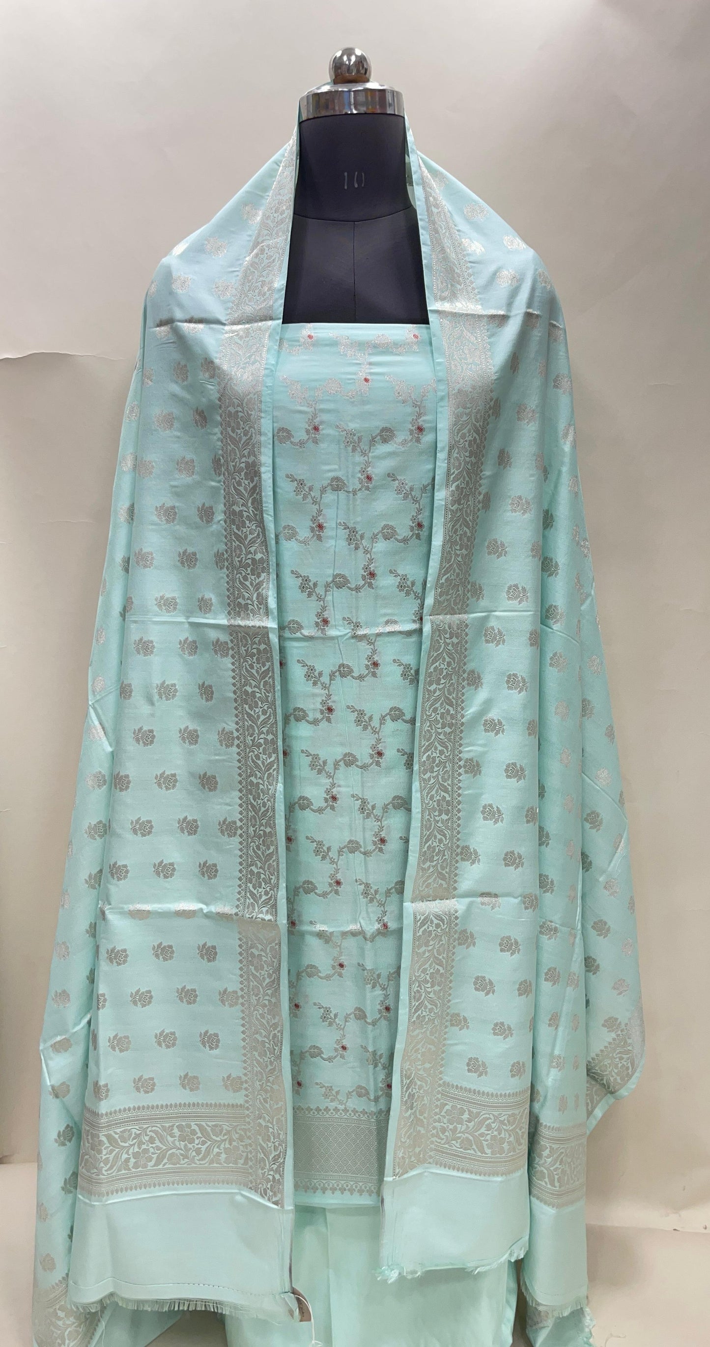 Seagreen katan chiniya silk suit set with floral silver zari mina jaal dupatta. SHL_49
