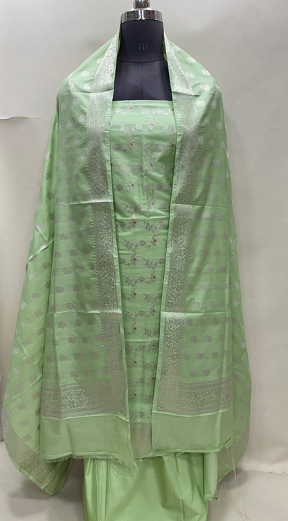 Light green katan chiniya silk suit set with floral silver zari mina jaal dupatta. SHL_50