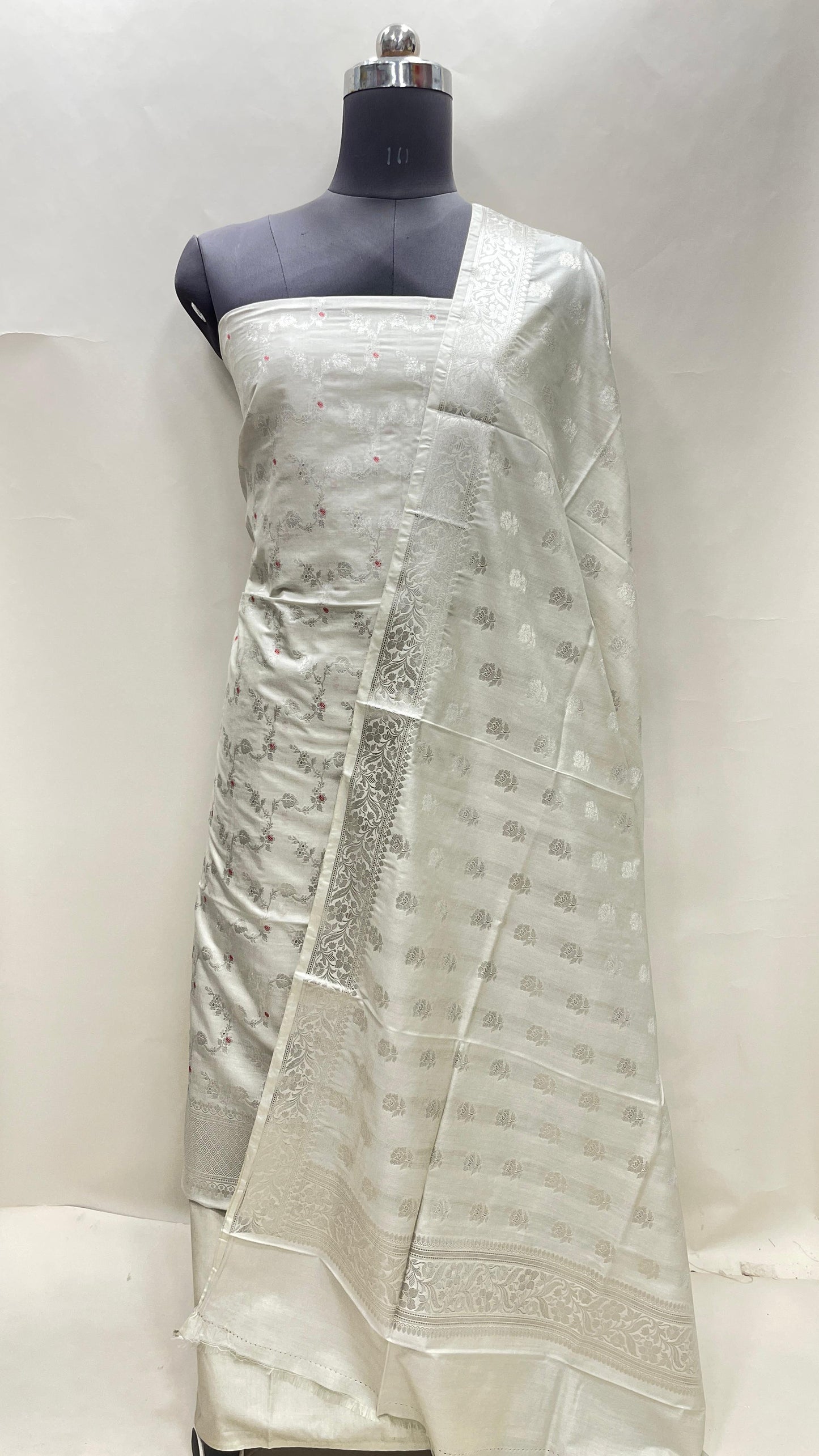 Tussar katan chiniya silk suit set with floral silver zari mina jaal dupatta. SHL_47