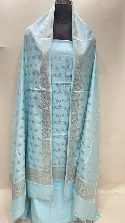 Sky blue katan chiniya silk suit set with floral silver zari mina jaal dupatta. SHL_48