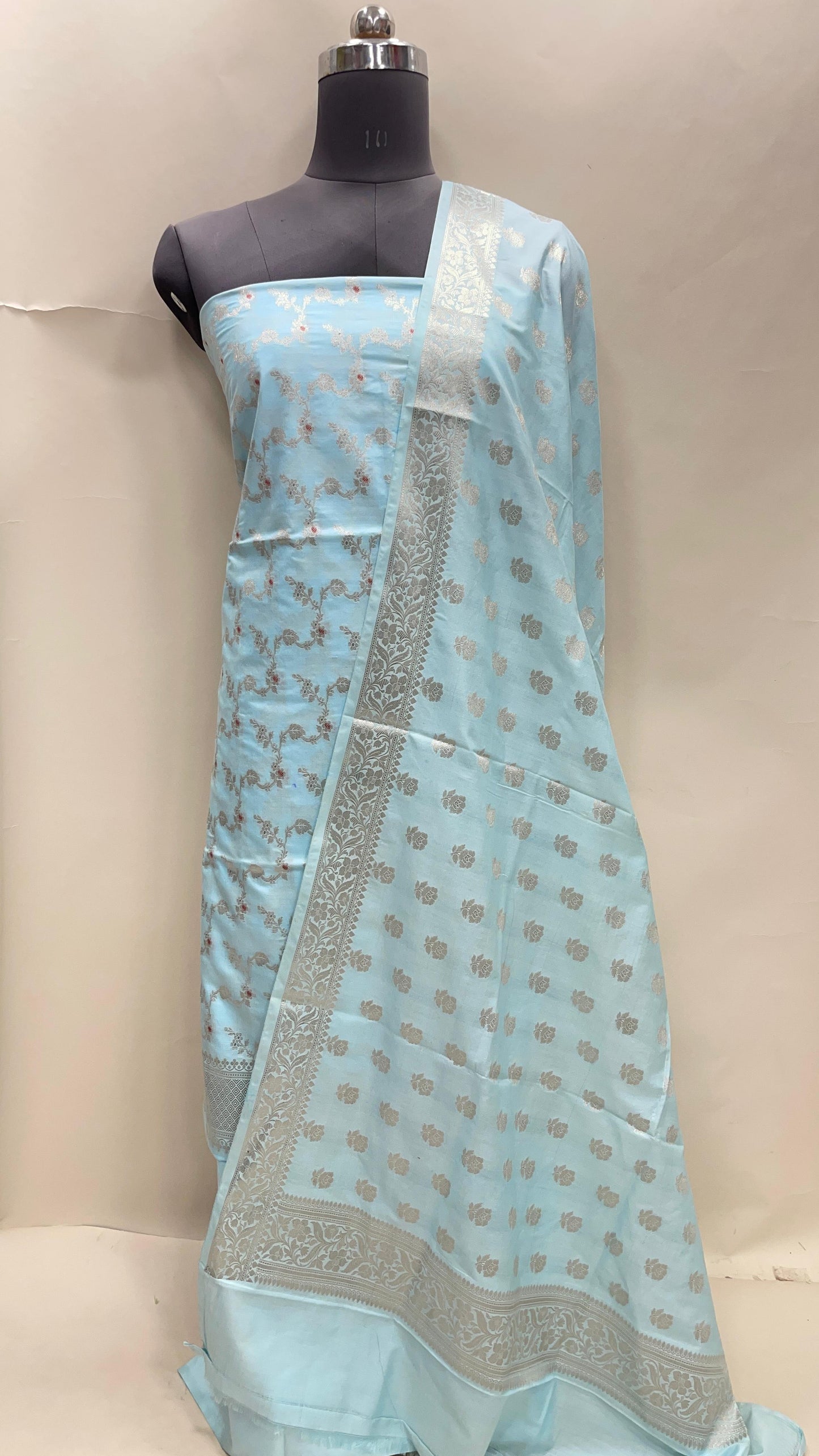 Sky blue katan chiniya silk suit set with floral silver zari mina jaal dupatta. SHL_48