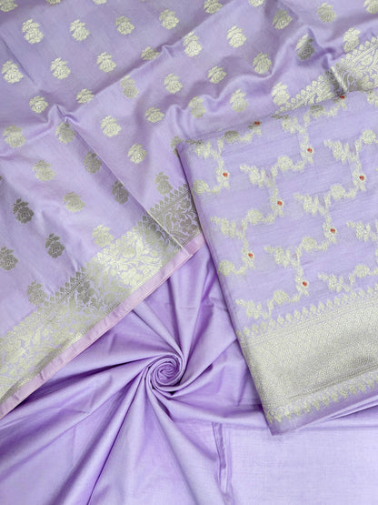 Lavender katan chiniya silk suit set with floral silver zari mina jaal dupatta. SHL_46