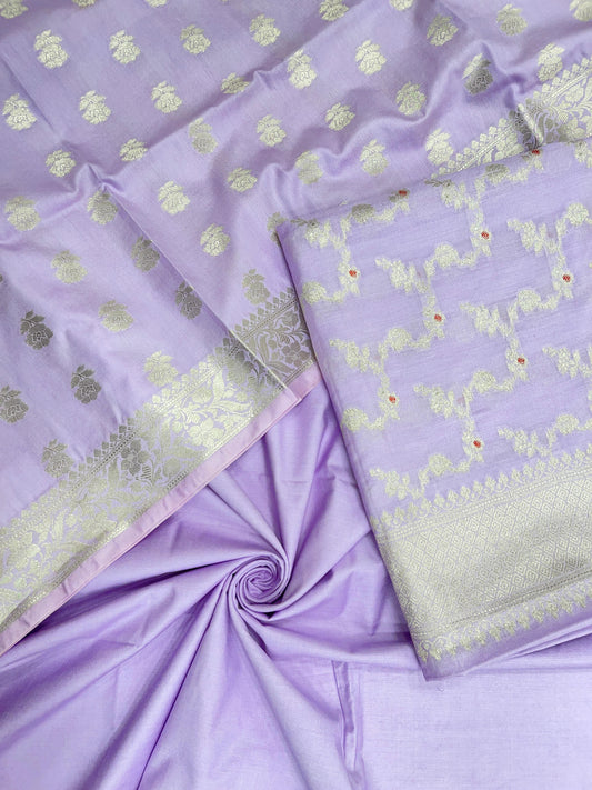 Lavender katan chiniya silk suit set with floral silver zari mina jaal dupatta. SHL_46