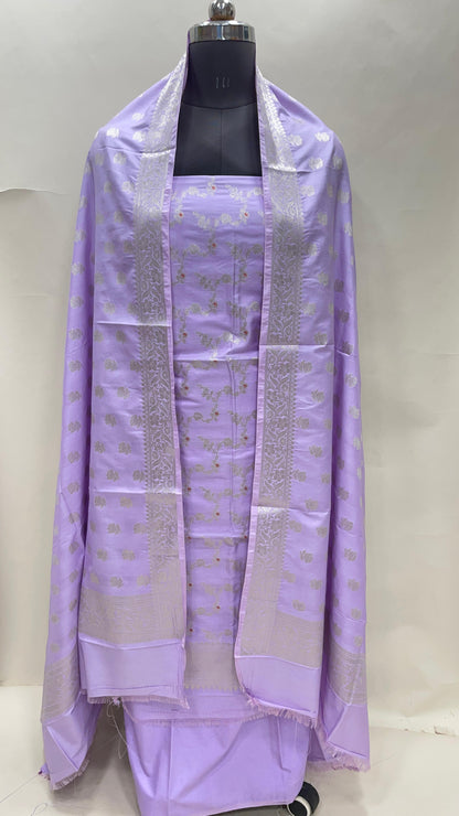 Lavender katan chiniya silk suit set with floral silver zari mina jaal dupatta. SHL_46