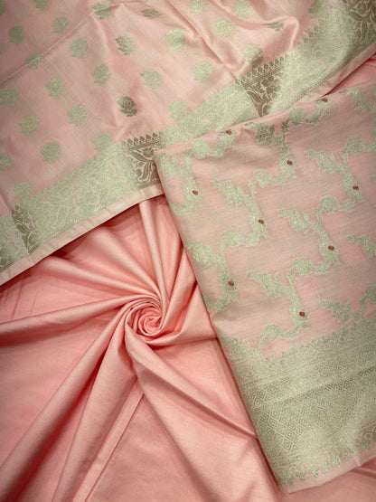 Peach katan chiniya silk suit set with floral silver zari mina jaal dupatta. SHL_45