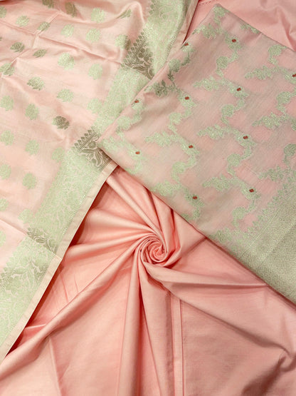 Peach katan chiniya silk suit set with floral silver zari mina jaal dupatta. SHL_45