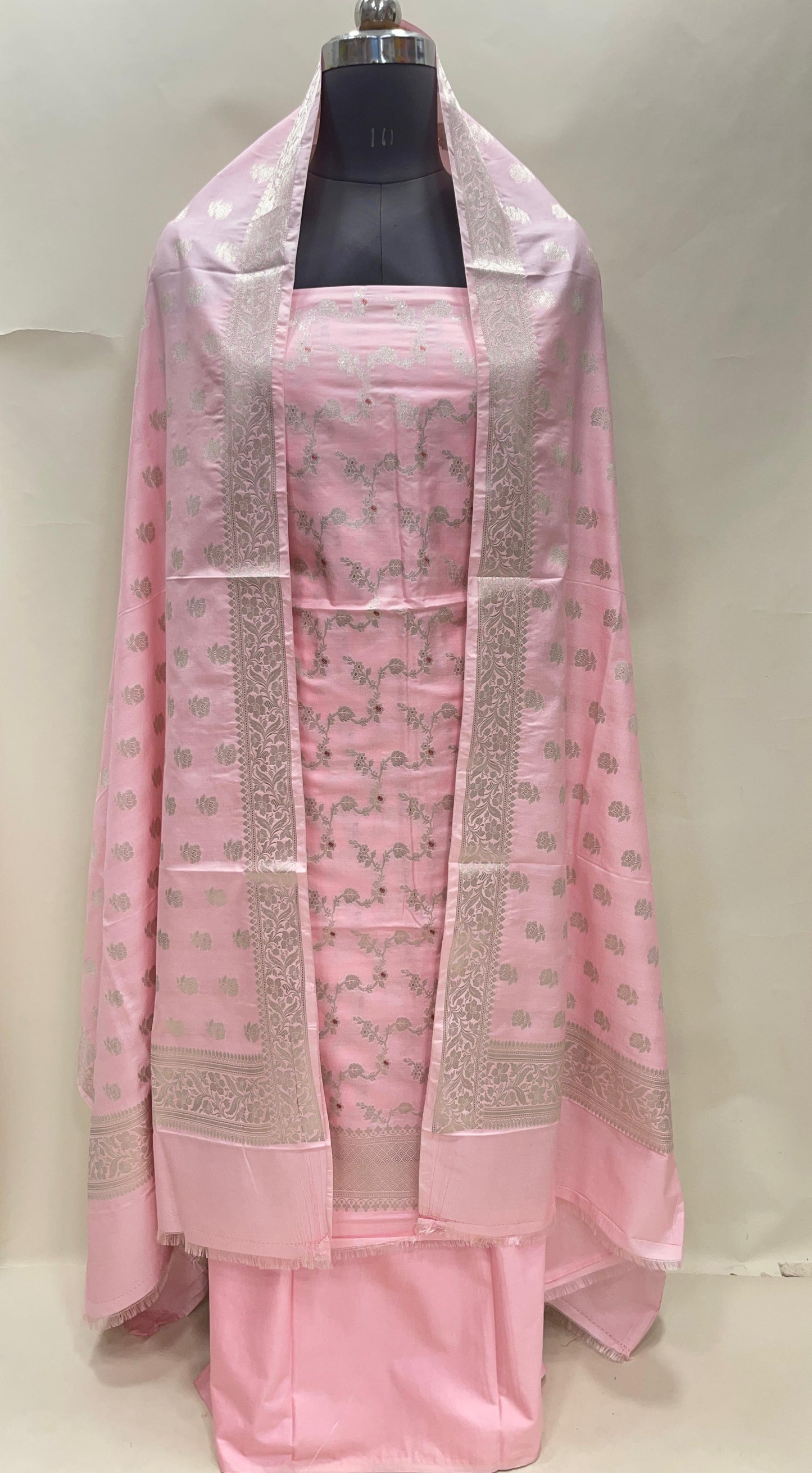 Peach katan chiniya silk suit set with floral silver zari mina jaal dupatta. SHL_45