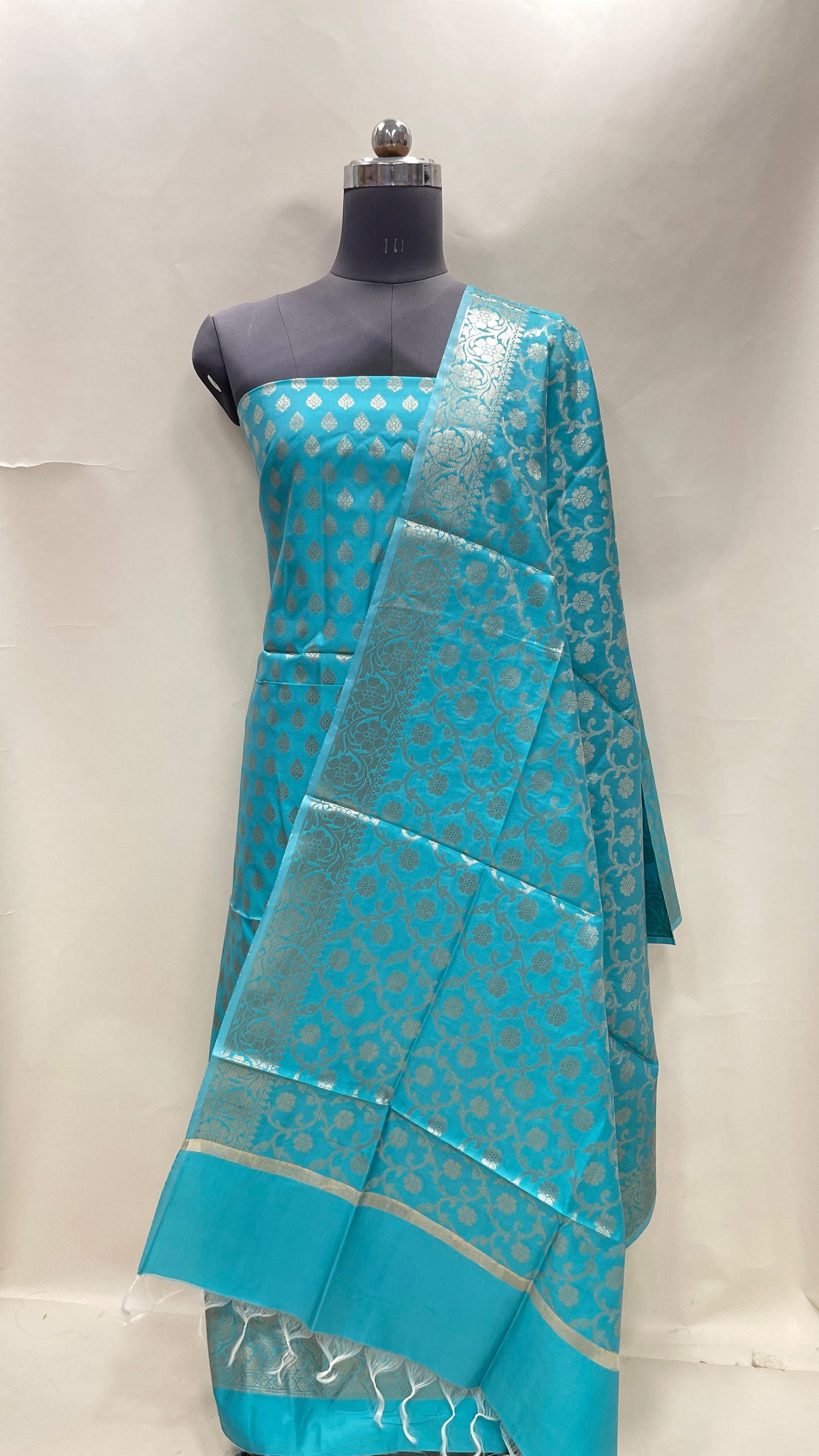 Rama green art silk suit set with floral zari bootis and matching dupatta. SHL_65