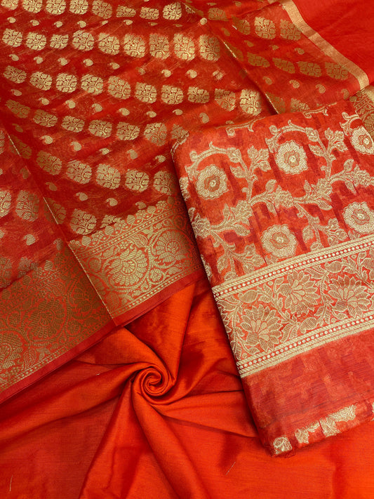 Red cotton suit set featuring zari resham mina jaal and matching dupatta. SHL_30