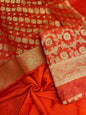 Red cotton suit set featuring zari resham mina jaal and matching dupatta. SHL_30