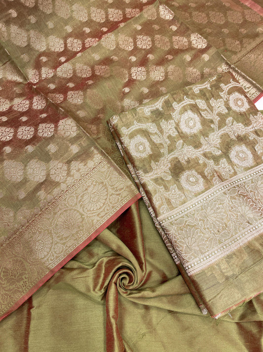 Pistachio green cotton suit set with zari resham mina jaal and matching dupatta. SHL_29