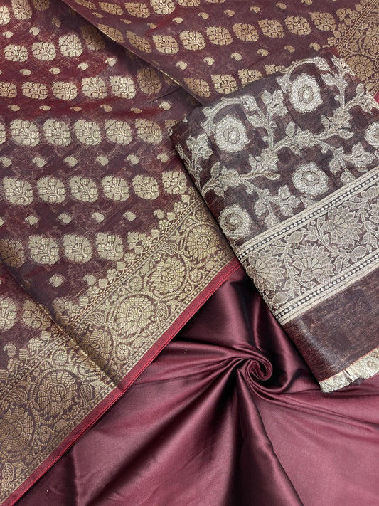 Burgundy cotton suit set with zari resham mina jaal and matching dupatta. SHL_28