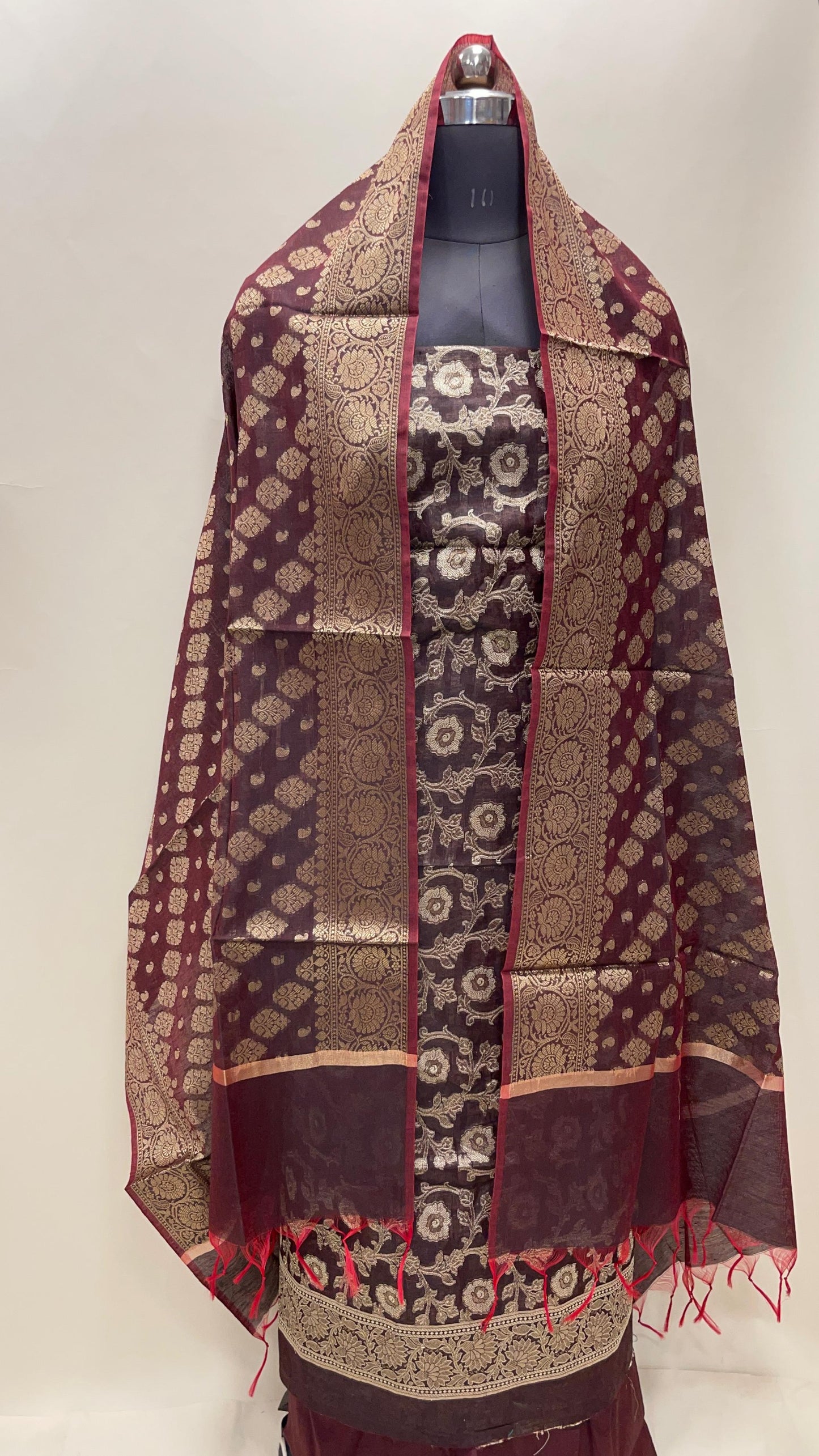 Burgundy cotton suit set with zari resham mina jaal and matching dupatta. SHL_28